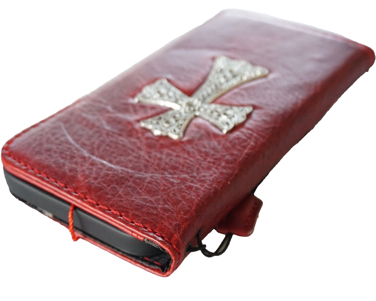 Handmade genuine leather phone case for Apple iPhone 16, 12, 13, 14, 15 Pro Max, SE, 8 Plus with red wine color and cross Jesus design.