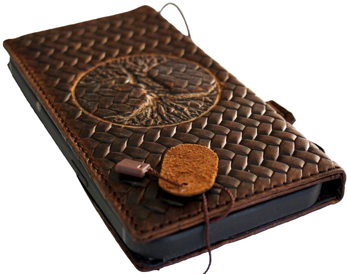 Handmade DAVISCASE genuine leather phone case with embossed Tree of Life design for iPhone 12-16 Pro Max, 8 Plus, and SE models.