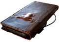 Handmade leather phone case for iPhone 11-15 Pro Max with vintage tan finish, credit card slots, and embossed design by DAVISCASE.