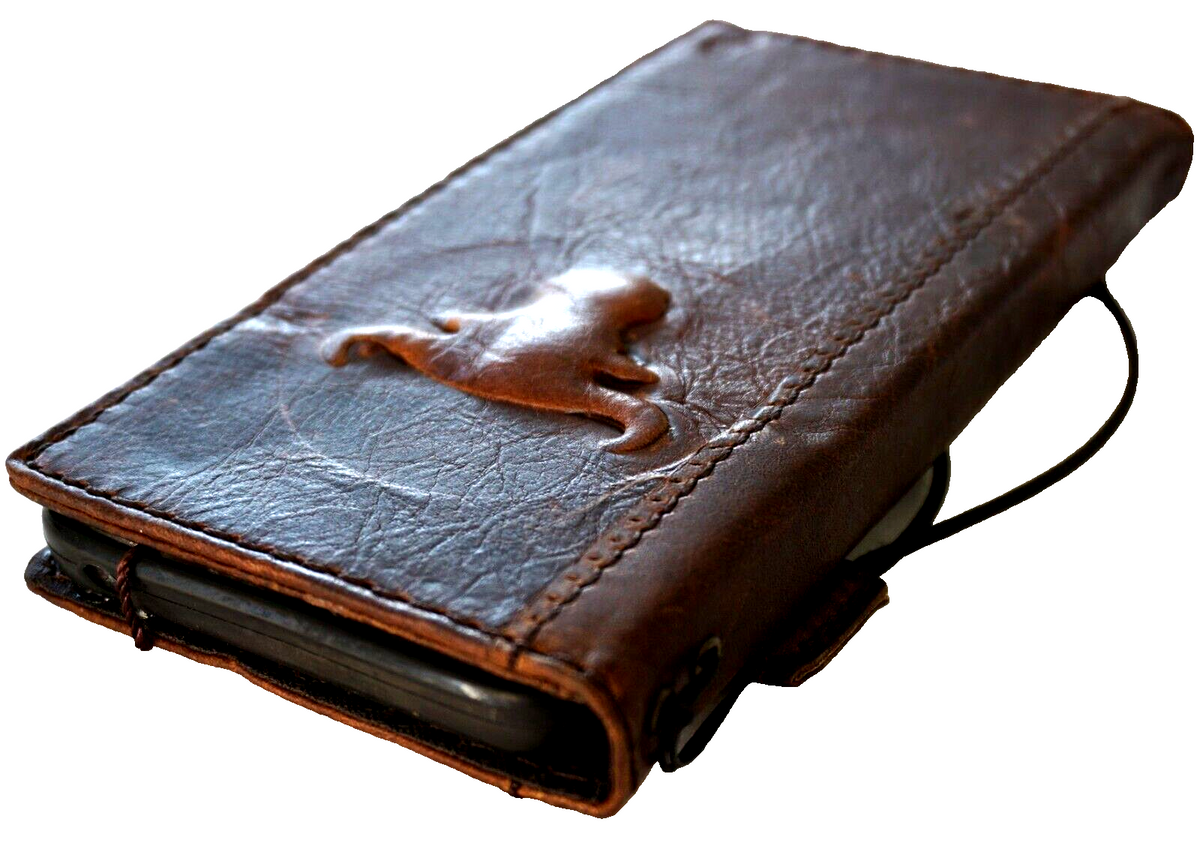 Handmade leather phone case for iPhone 11-15 Pro Max with vintage tan finish, credit card slots, and embossed design by DAVISCASE.