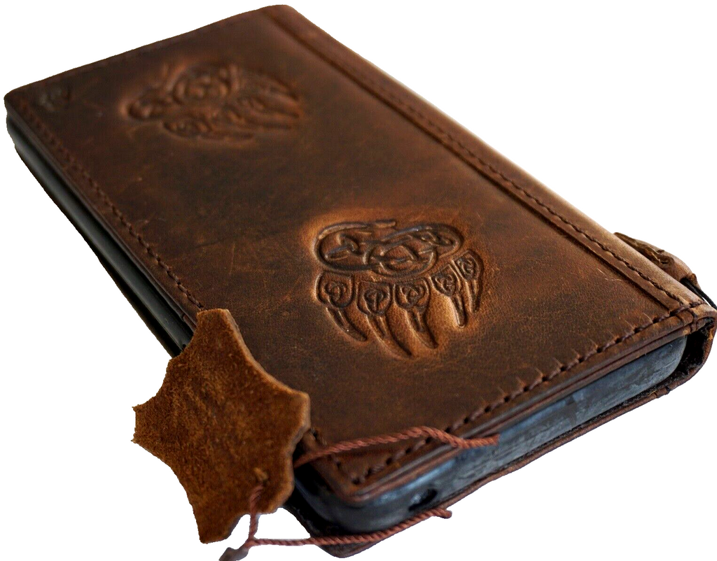 Handcrafted genuine leather wallet case for iPhone 11-15 Pro Max, vintage style with bear paw, tiger stamping, and credit card slots.