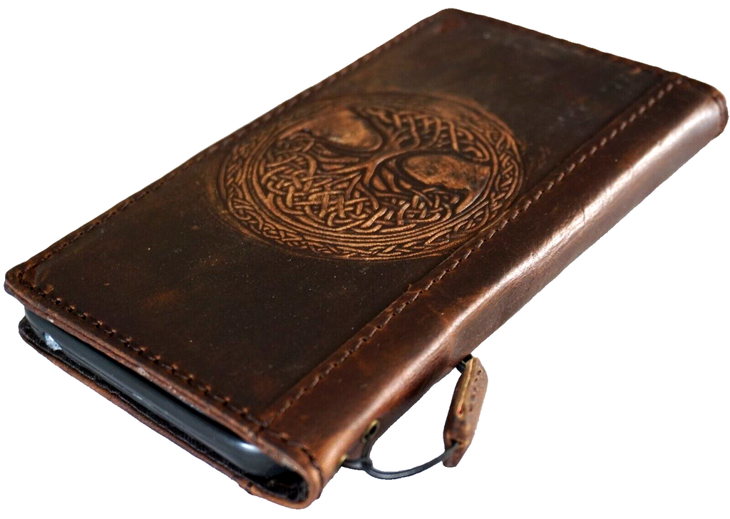 Handmade leather phone case for iPhone models with shark craft design, vintage style with credit card slots and Tree of Life artwork.