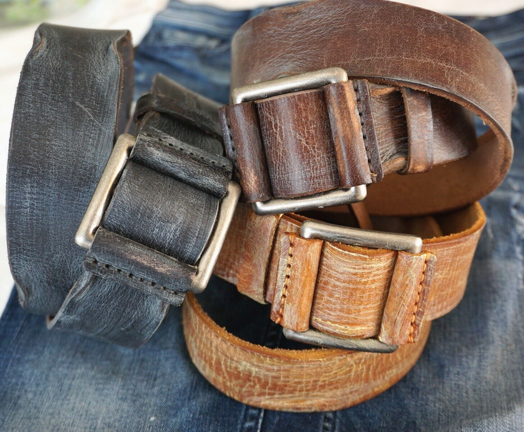Genuine handmade leather belt for men and women with a vintage retro style, featuring free holes and distressed wash finish.