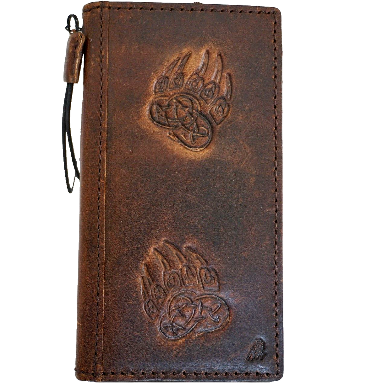 Genuine leather phone case for iPhone 11-15 Pro Max, handcrafted vintage-style wallet with credit card slots, tiger stamping, and animal motif.