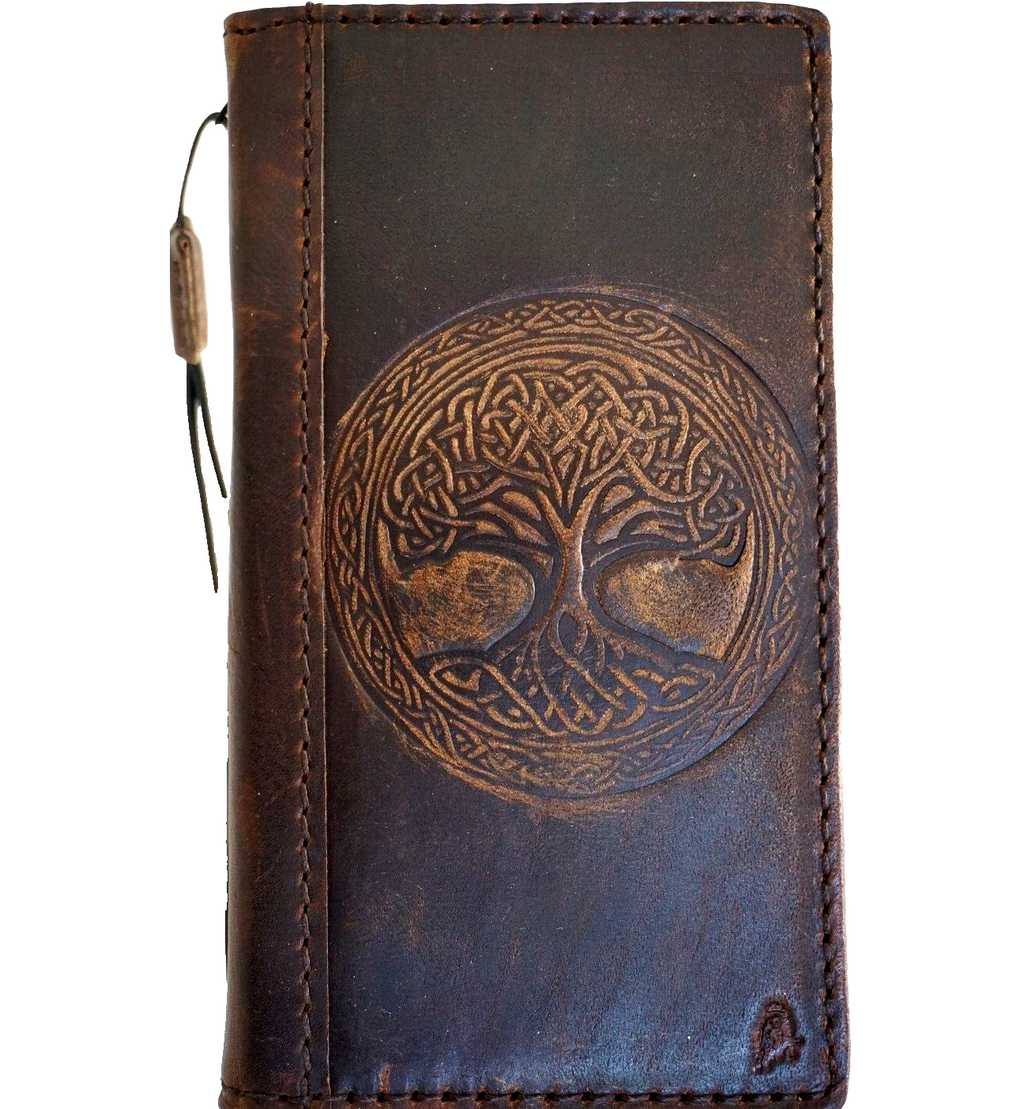 Handmade genuine leather Galaxy Z Fold phone case with vintage Tree of Life design, features credit card slots and protective cover.