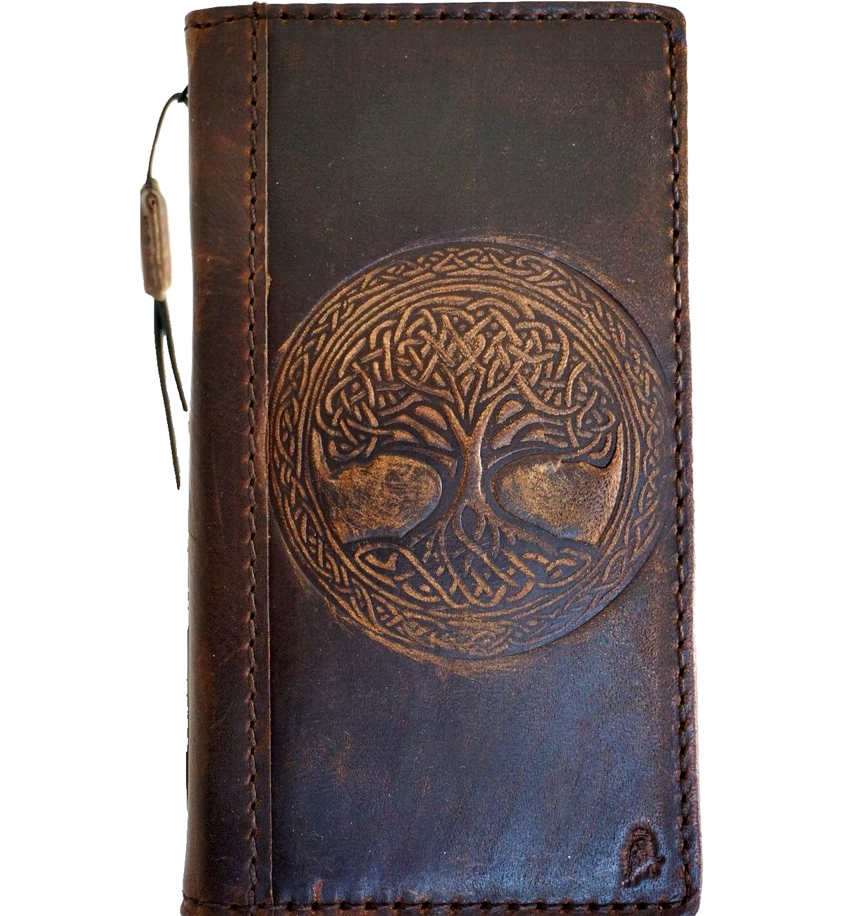 Handmade genuine leather Galaxy Z Fold phone case with vintage Tree of Life design, features credit card slots and protective cover.