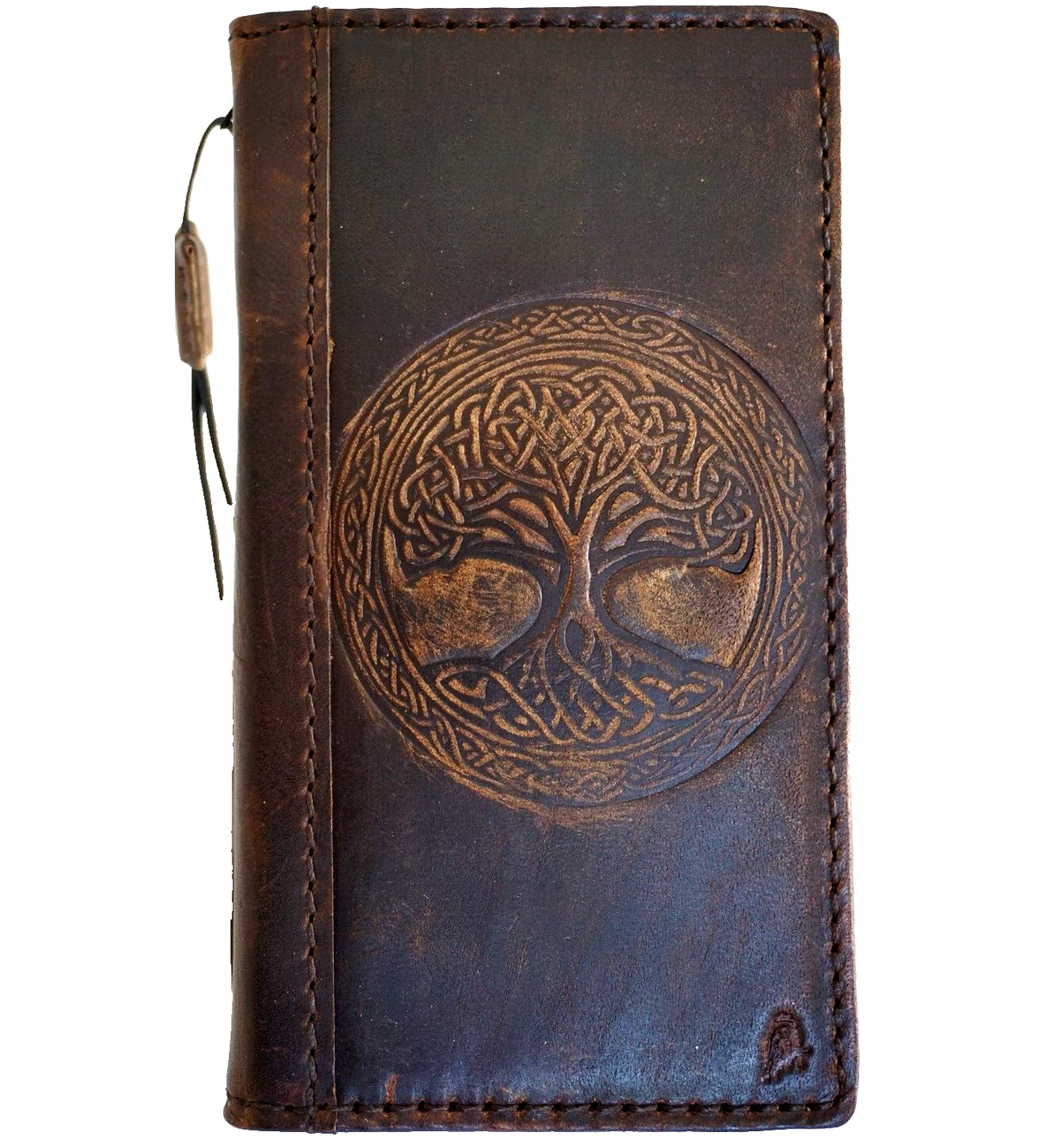 Handmade leather phone case by DAVISCASE for iPhone 12-16 Pro Max, featuring a DIY Shark crafts design and Tree of Life pattern.