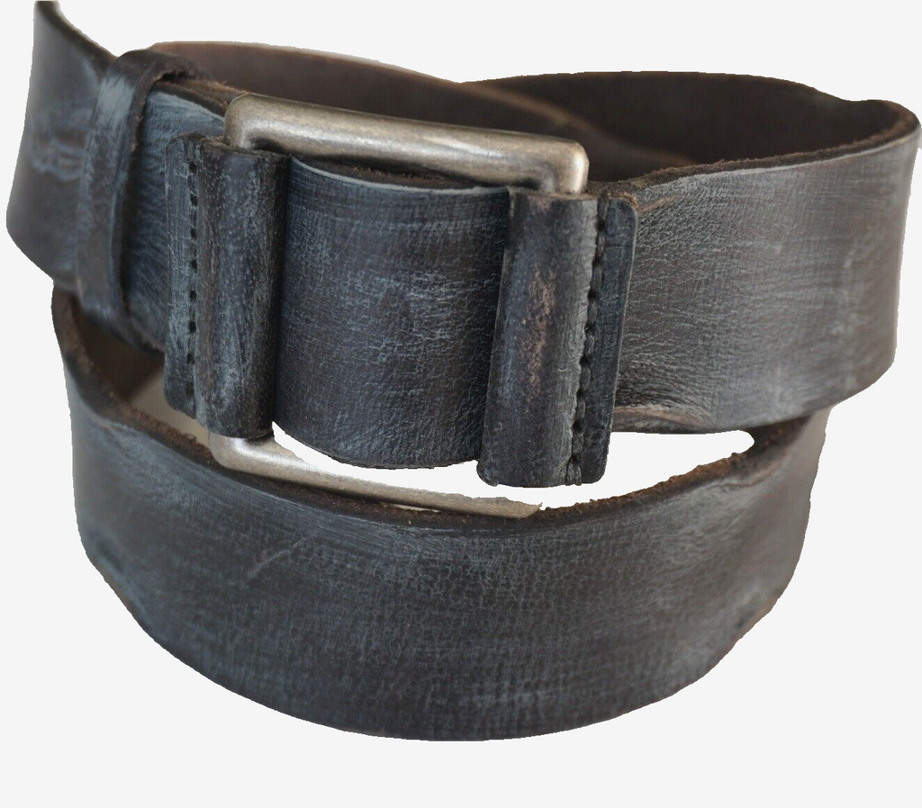 Genuine full-thick leather belt for men and women with hand-made vintage style, classic retro design, free holes, and distressed wash finish.