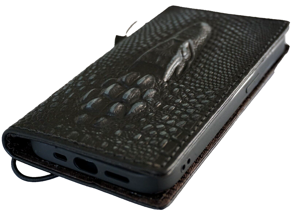 Handmade genuine leather wallet case for Galaxy Z Fold 3-8, crocodile style, with fold cover and hand-stitched details, by DAVISCASE.