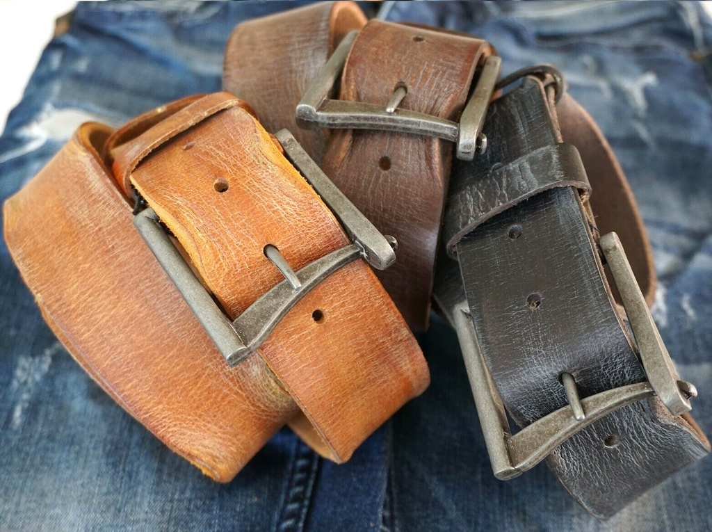 Genuine full leather handmade belt for men and women with vintage retro style, available in multiple sizes and classic design.