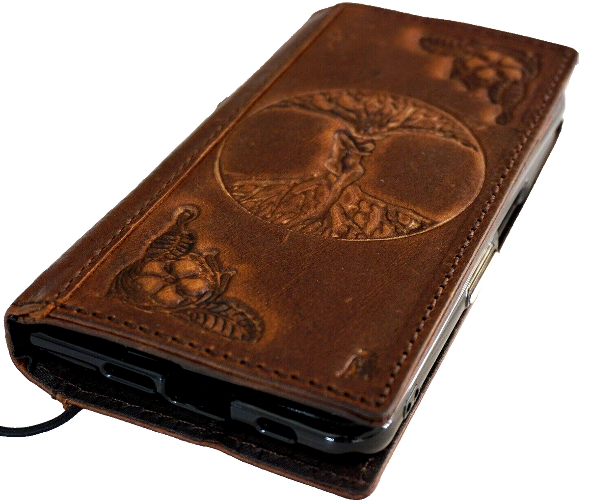 Genuine leather Google Pixel Fold case by DAVISCASE featuring The Tree of Life, Adam and Eve design, with stand and wireless charging cutouts.