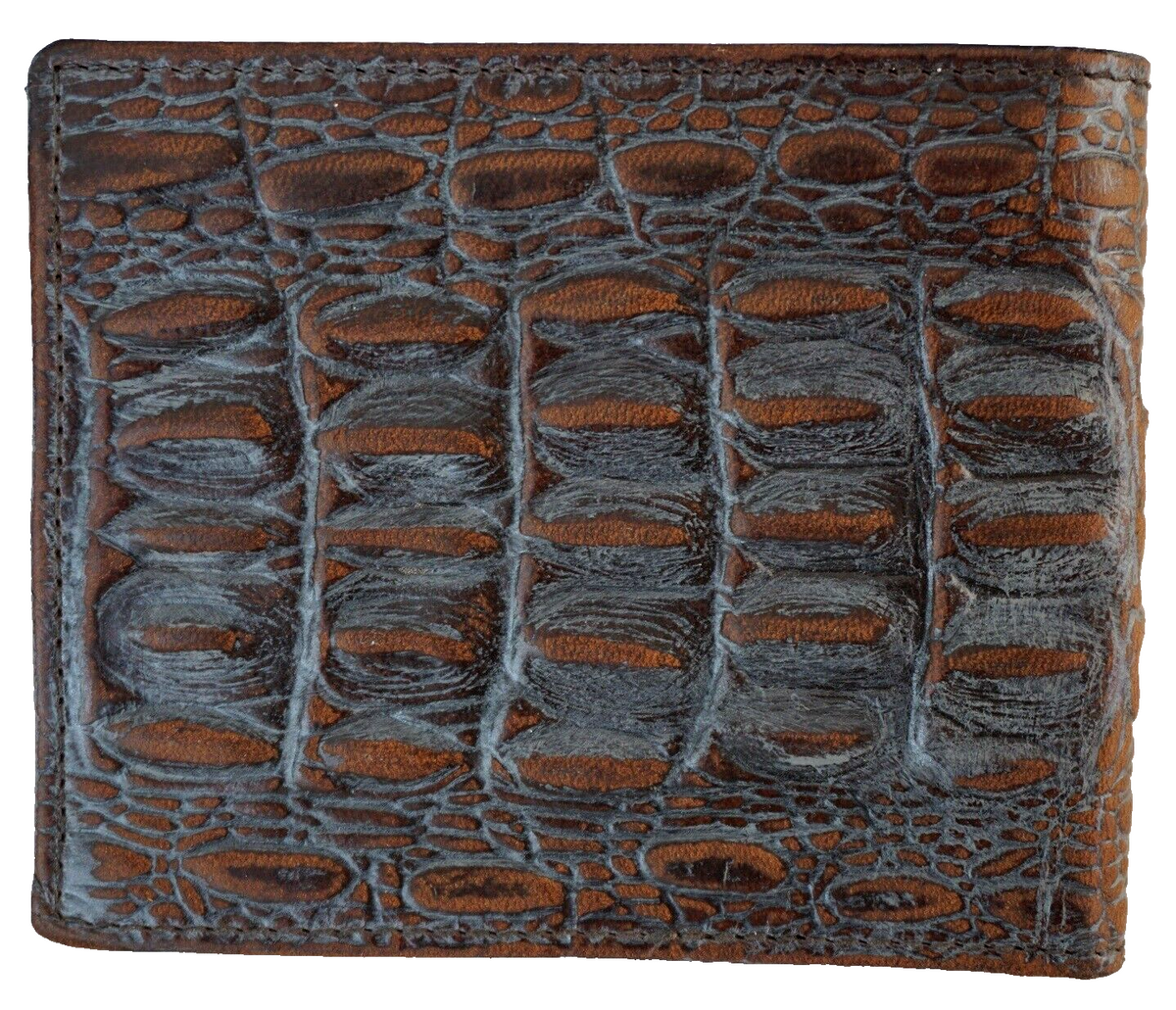 Men's genuine leather money clip wallet with crocodile embossing, coin pocket, and credit card slots in vintage style.