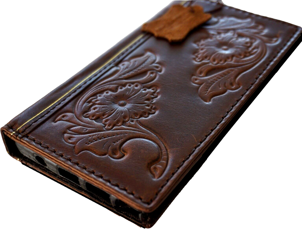 Handmade genuine leather phone case for iPhone 16, 14, 13, 12, 11 Pro Max, XS, SE, with wallet and book cover design in tan.