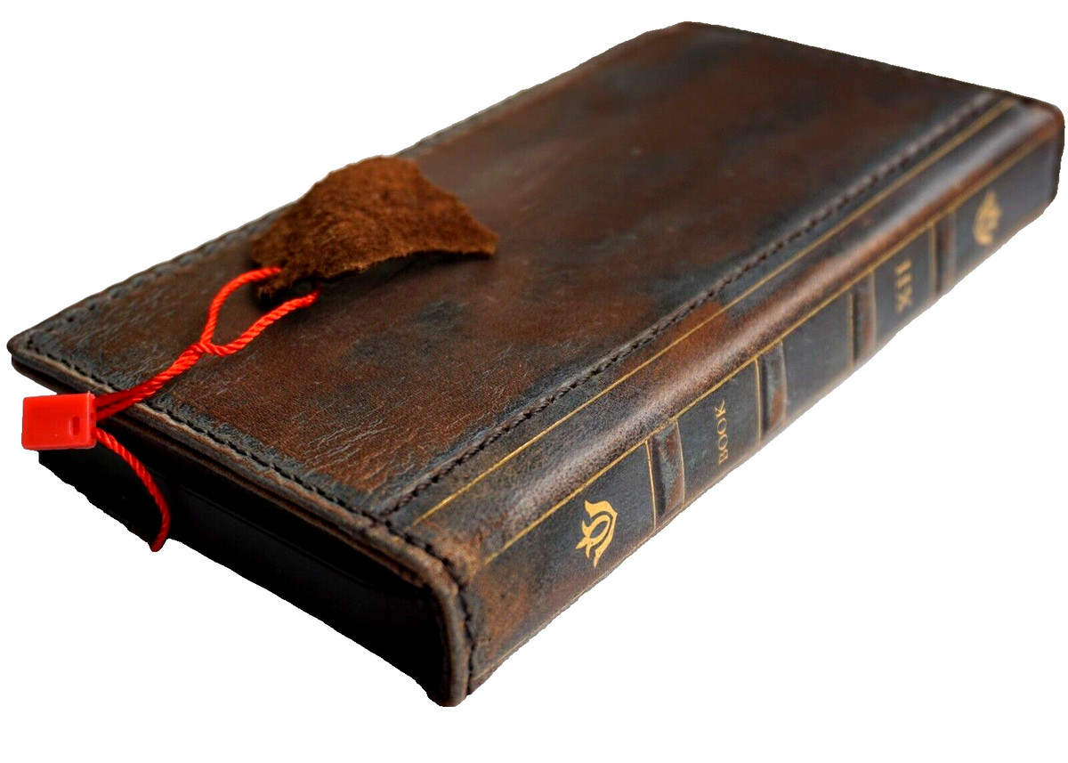 Handmade genuine leather phone case for iPhone models, featuring a wallet book design with Bible crafts by DAVISCASE.