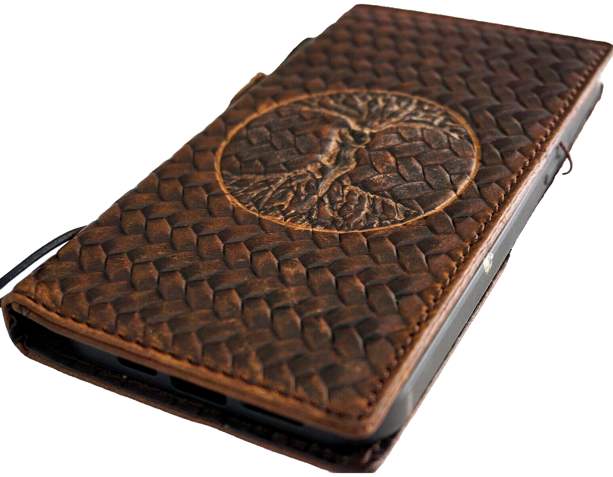 Handmade DAVISCASE leather phone case with embossed Tree of Life design for iPhone 12-16 Pro Max and 8 Plus, featuring a wallet and book style.