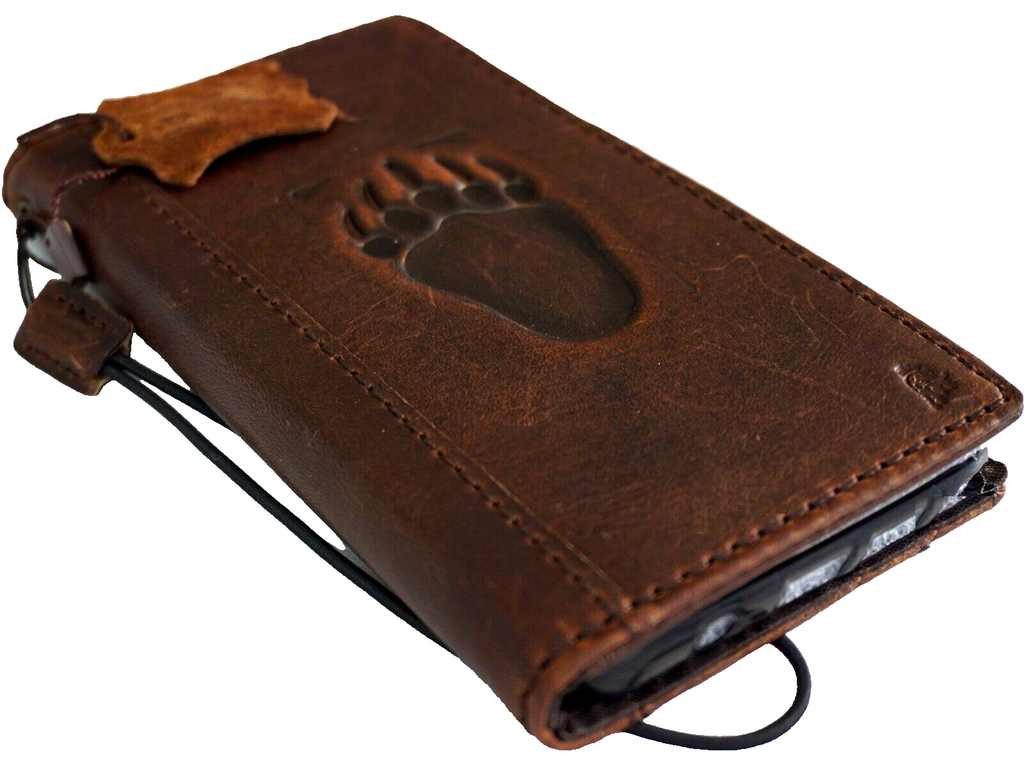 Leather wallet phone case for iPhone 11-15 Pro Max by DAVISCASE, vintage handcrafted full grain leather with bear paw design and credit card slots.