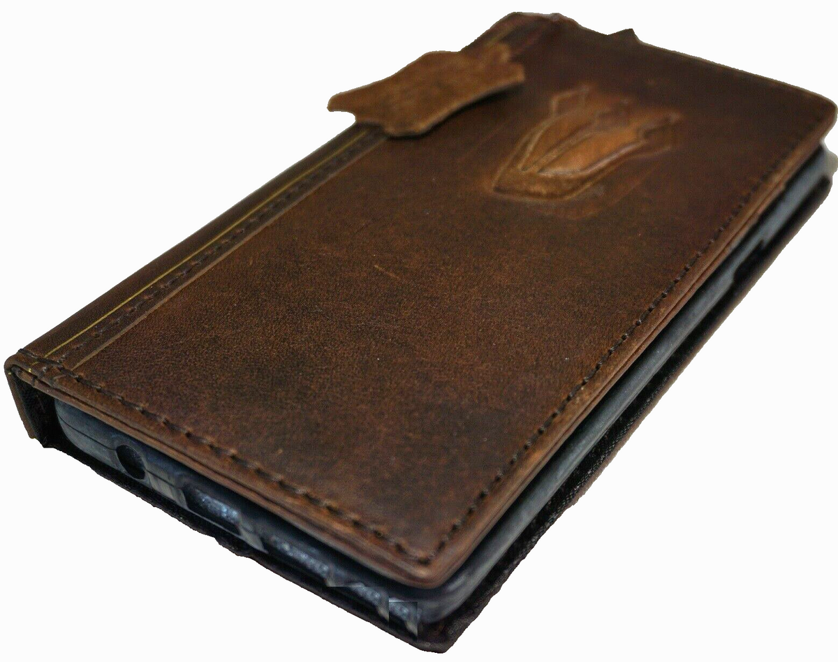 Handmade DAVISCASE genuine leather phone case for iPhone 11-15 Pro Max, vintage style with wallet, card slots, and Jewish Mezuzah cover.