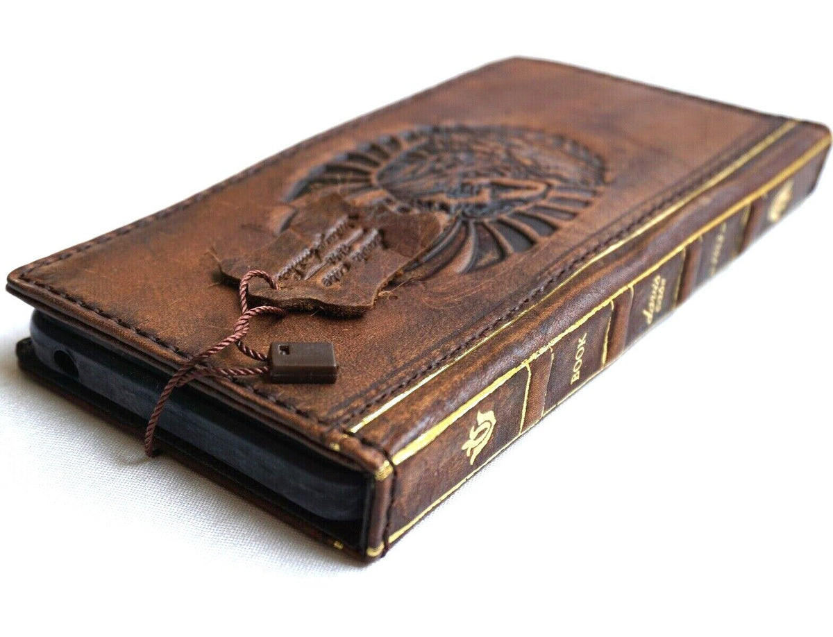 Handmade genuine leather phone case by DAVISCASE for Apple iPhone 11 to 16 Pro Max, vintage style with credit card slots and full grain leather.