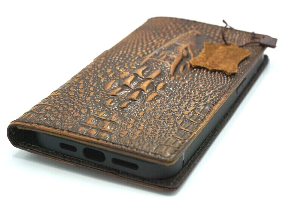 Handmade genuine leather phone case with vintage crocodile polish for Galaxy S24 and Note FE, featuring a built-in wallet compartment.