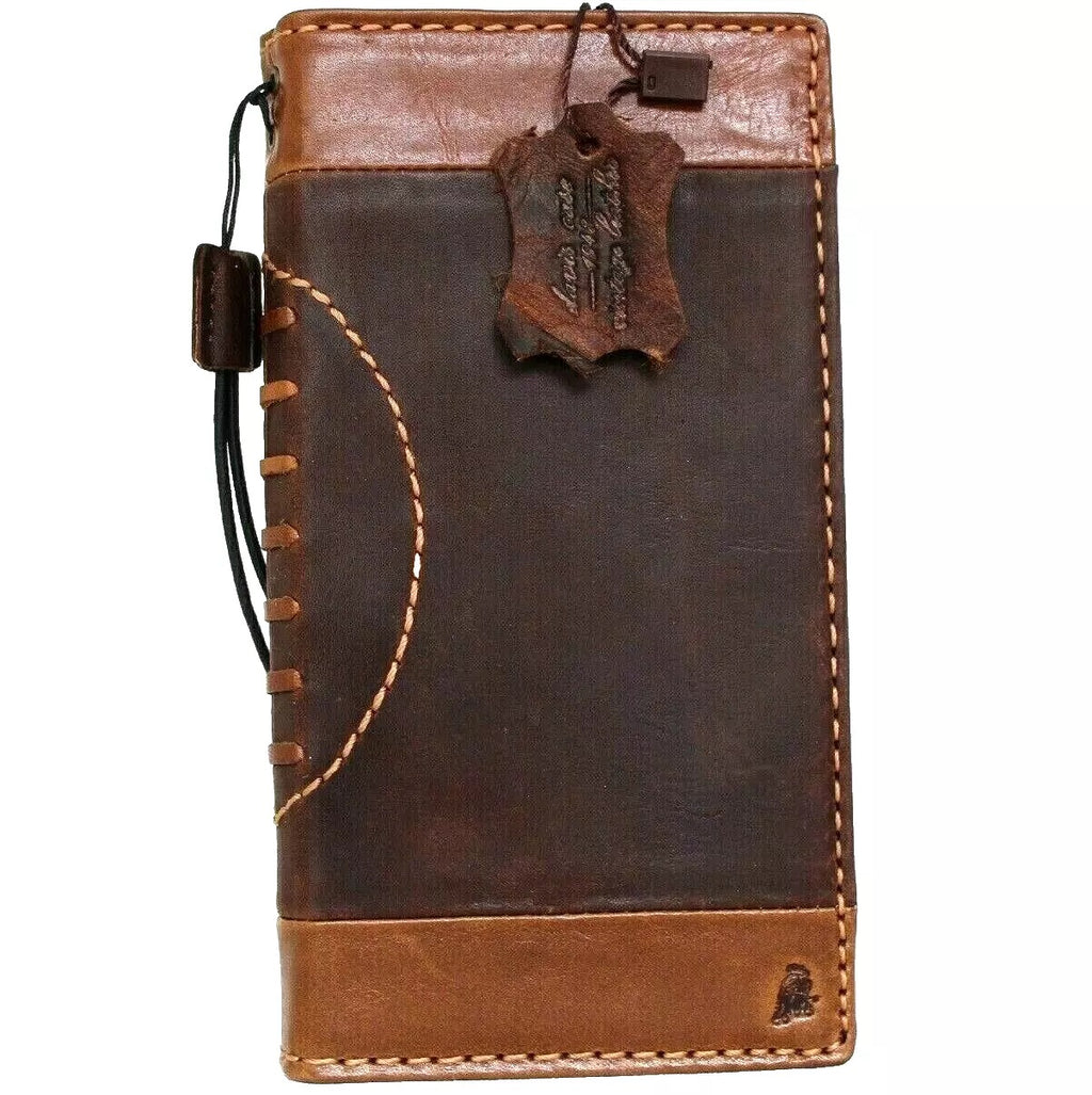Handmade genuine leather wallet case for Apple iPhone 12 Pro Max with book design, vintage football pattern, and card slots by DAVISCASE.