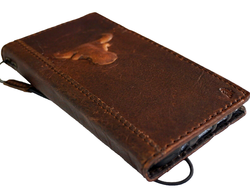 Handmade genuine leather phone case for iPhone 11-15 Pro Max, vintage tan style with credit card slots, embossed details, and full grain leather.