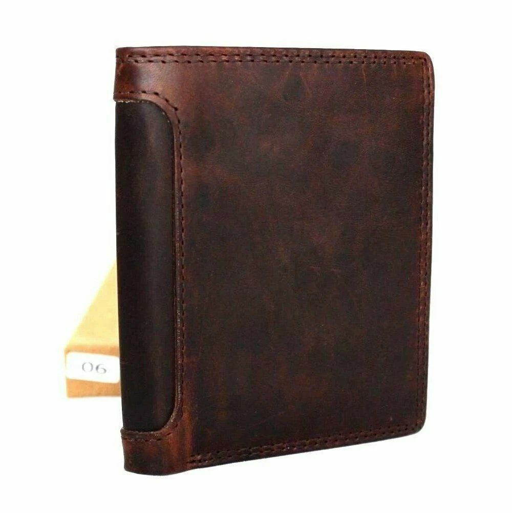 Genuine vintage men's leather wallet by DAVISCASE with 6 credit card slots, 3 ID windows, slim trifold design in tan leather