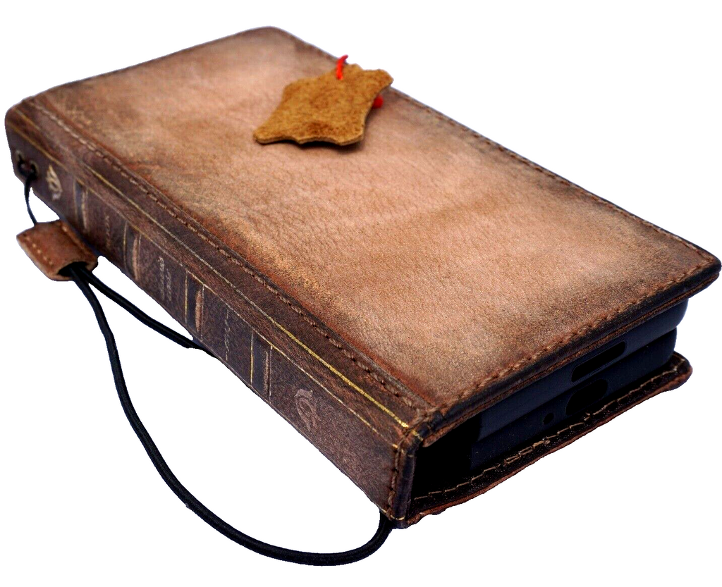 Handmade genuine leather phone case by DAVISCASE for Galaxy S24, S25, S26 Ultra with wallet and vintage Bible book design.