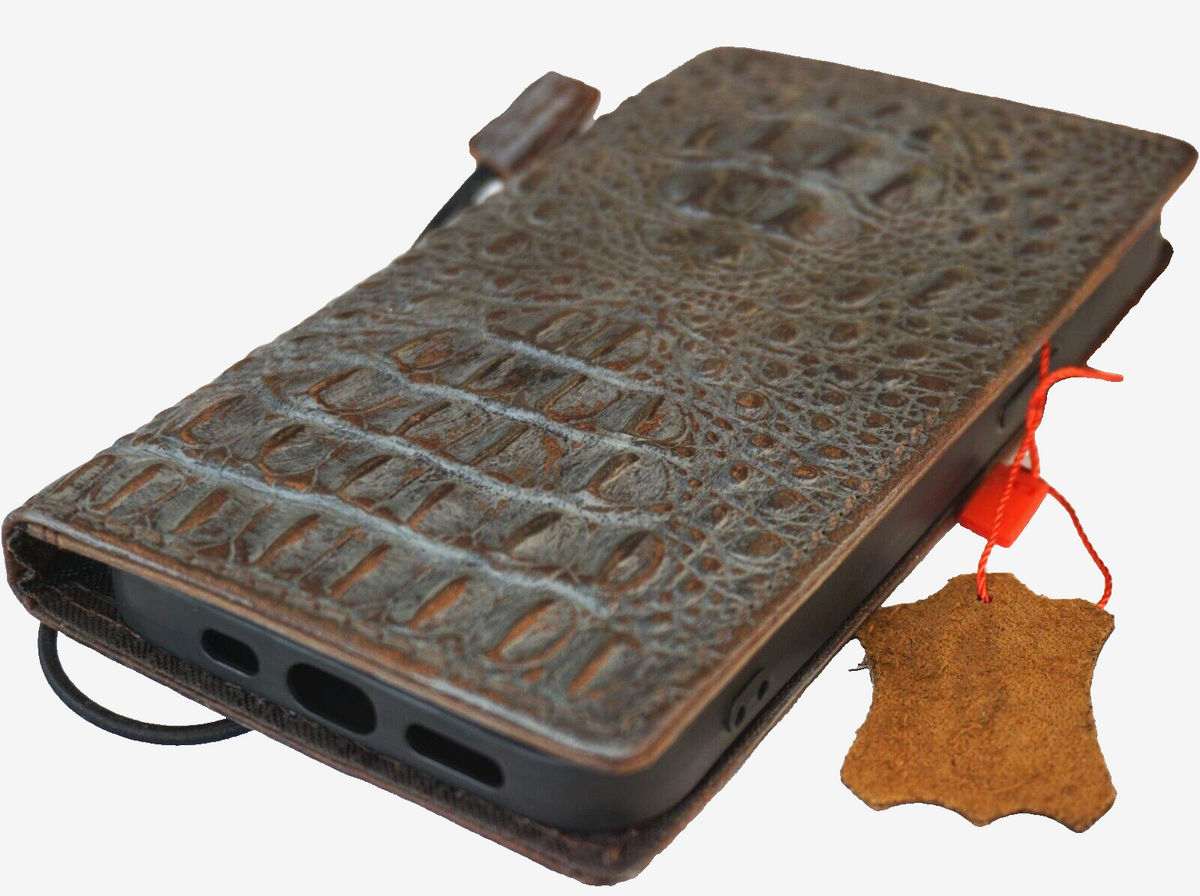 Handmade genuine leather phone case for iPhone 17, 16, 11, 12, 13, 14, 15 Pro Max with vintage crocodile style and credit card slots.