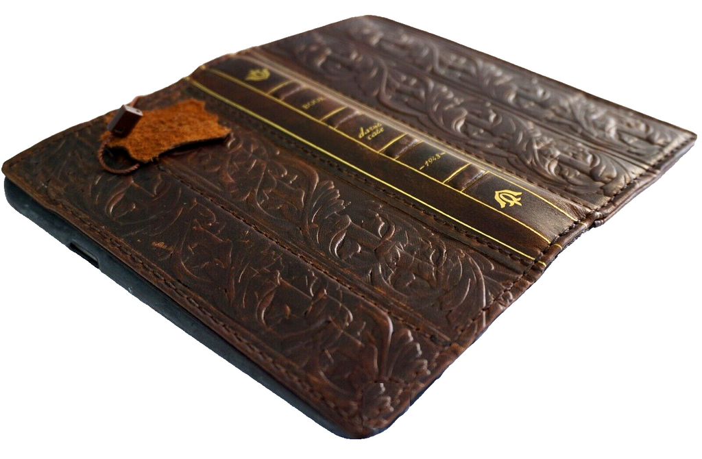 Handmade genuine leather phone case for iPhone models 12 to 17, with Bible crafts and wallet features by DAVISCASE.