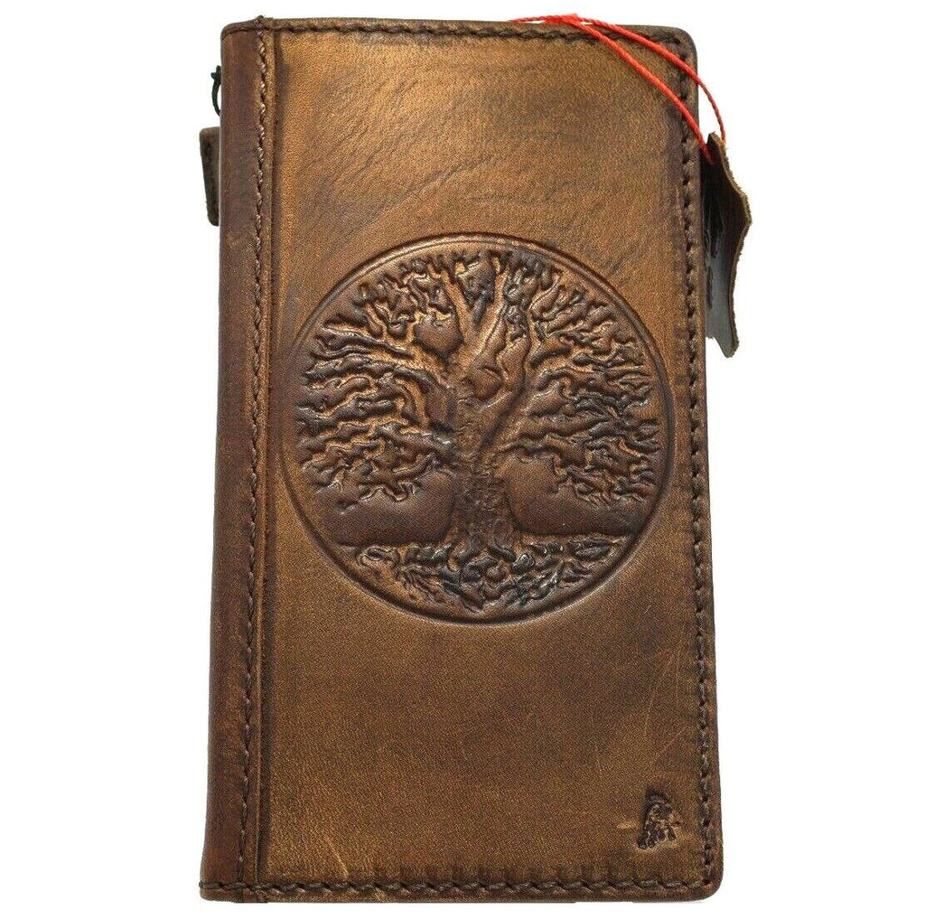 Handmade genuine leather phone case for Galaxy S series and Note models with vintage Tree of Life design and art wallet cover by DAVISCASE.