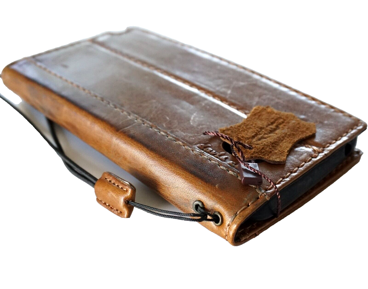 Handmade genuine leather phone case for iPhone 11-15 Pro Max, DavisCase Shark Smoked Tan leather with wallet and book-style design.