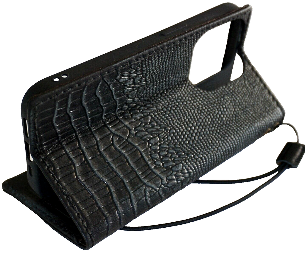 Handmade genuine leather wallet case for Apple iPhone 12-16 Pro Max, SE 3, in crocodile style by DAVISCASE.