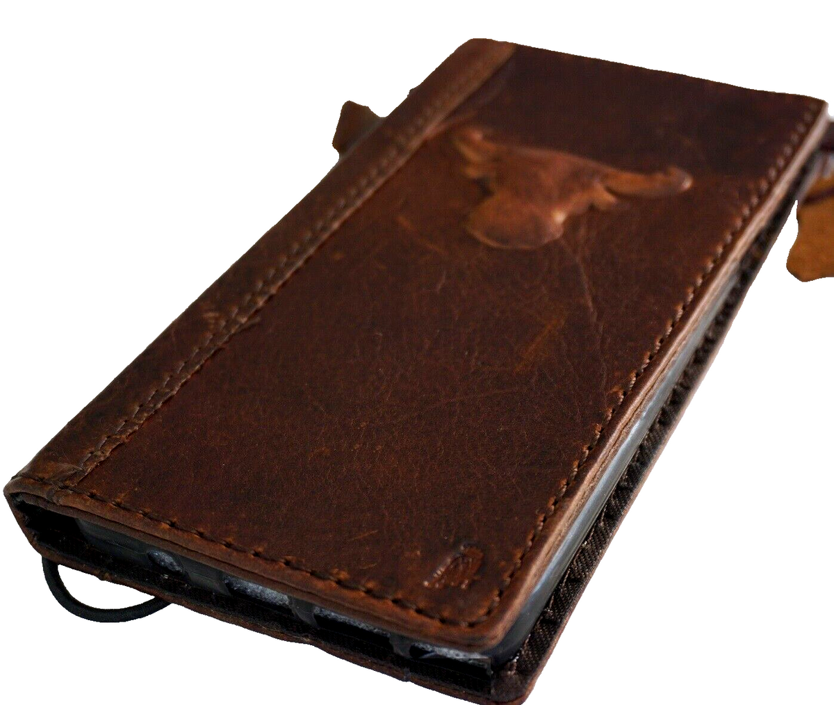 Handmade genuine leather phone case for iPhone 11-15 Pro Max, vintage tan with credit card slots, crafted by DAVISCASE.