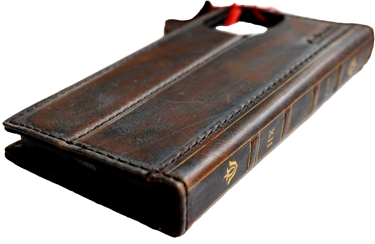 Handmade DAVISCASE leather phone case for Galaxy S series, featuring vintage fold design, gray and blue colors, with wallet and bible book style.