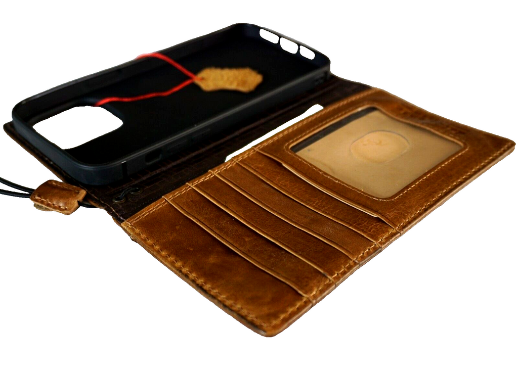 Handmade genuine leather phone case for iPhone and Samsung Galaxy, featuring Buddha shark art and vintage-style credit card slots.