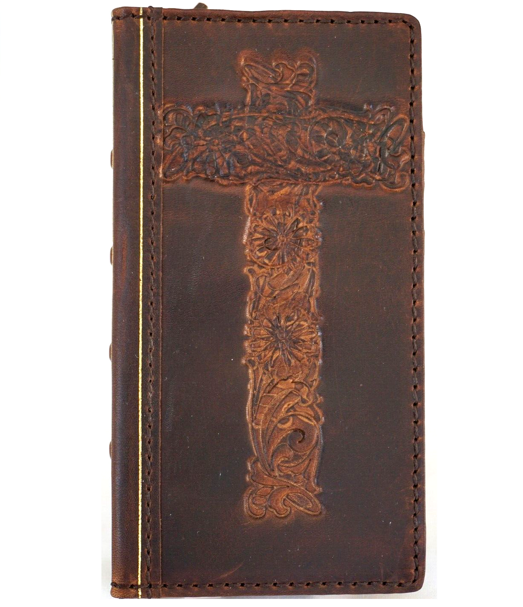 Handmade leather phone case with cross of Jesus design for iPhone 12-16 Pro Max, SE, and iPhone 8 Plus, featuring a Bible-themed cover.