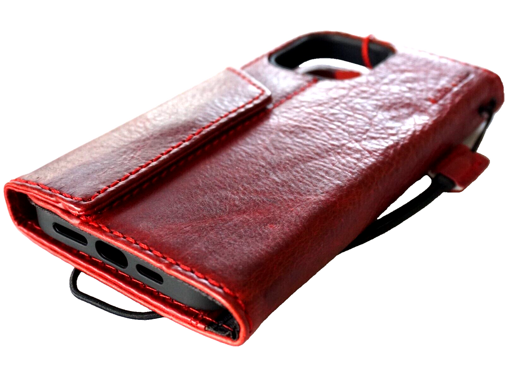 Handmade genuine leather wallet case for iPhone 12-16 Pro Max, DAVISCASE luxury red wine leather cover with cross design.