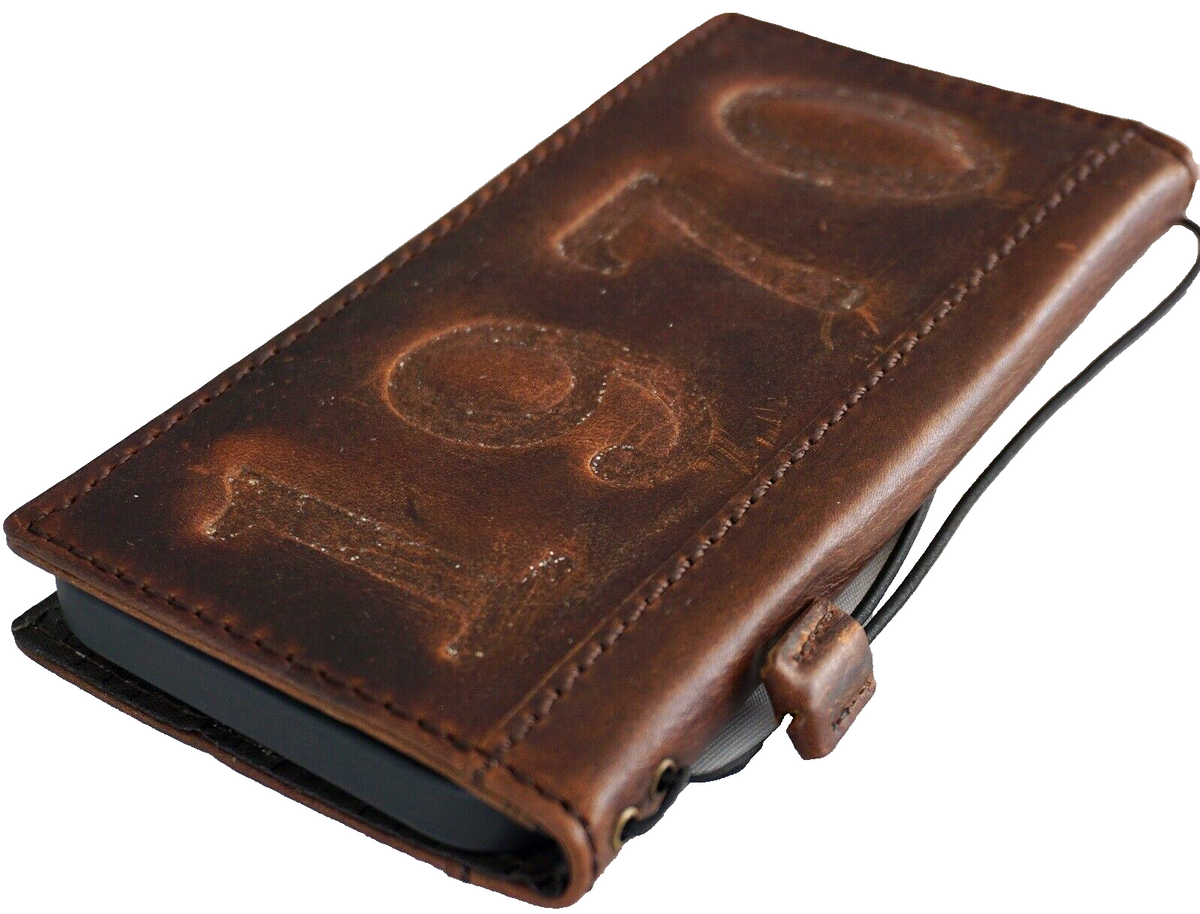 Vintage handcrafted leather wallet phone case for iPhone 11-15 Pro Max, with credit card slots and tiger stamping by DAVISCASE.