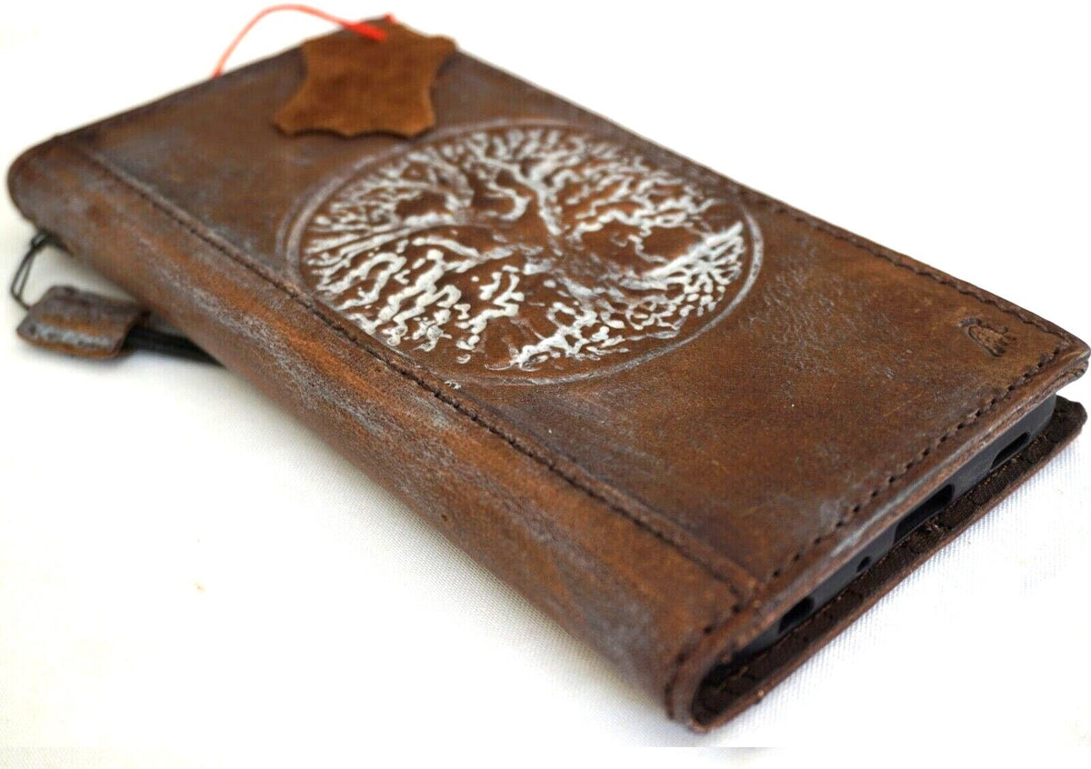 Handmade genuine leather iPhone 12-16 Pro Max case with Tree of Life design, vintage style, crafted by DAVISCASE.