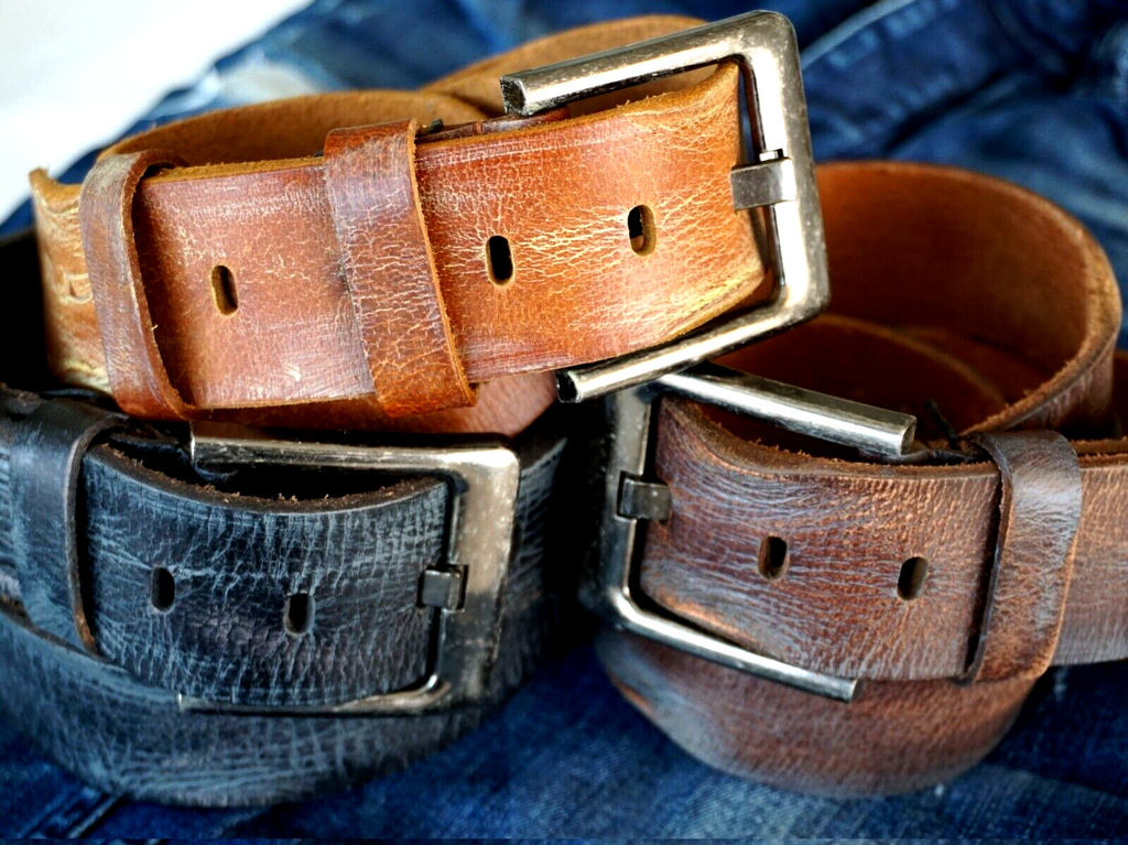 Handmade genuine leather belt for men and women, vintage retro style with hand-stitched details and distressed stone wash finish.