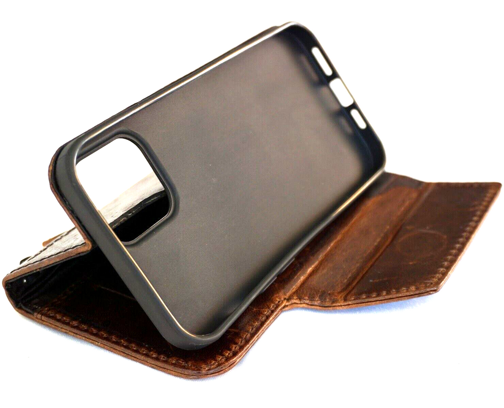 Handmade genuine leather phone case for Apple iPhone models, featuring a wallet book design with magnetic closure by DAVISCASE.