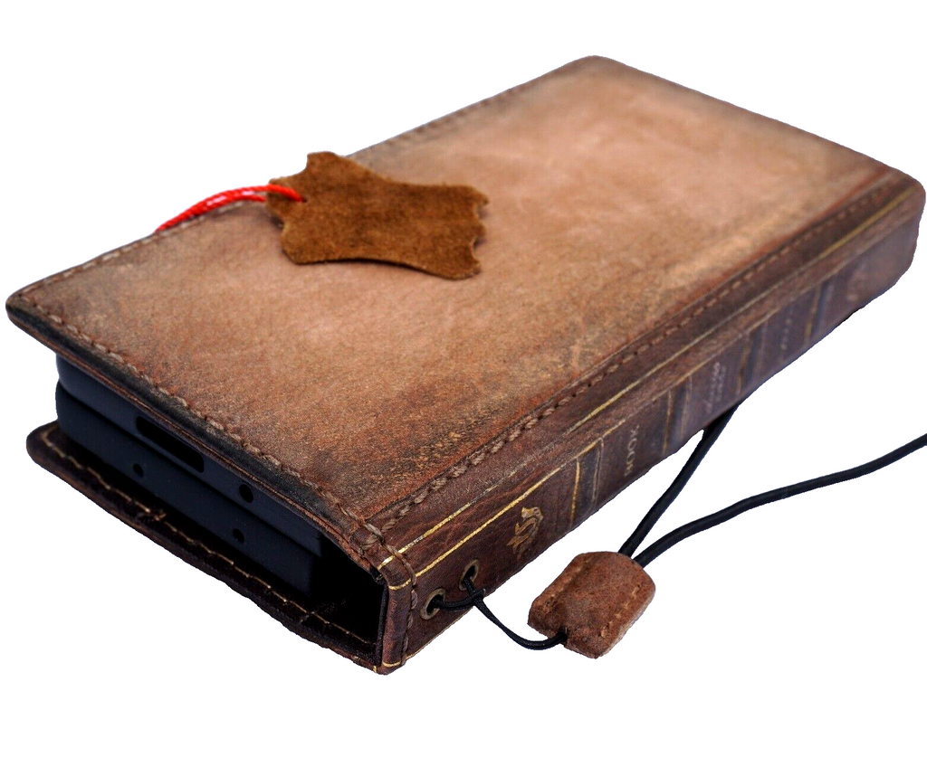 Handmade genuine leather phone case for Galaxy S26 S24 S25 Ultra and Z Fold 8, featuring wallet and vintage Bible book design.
