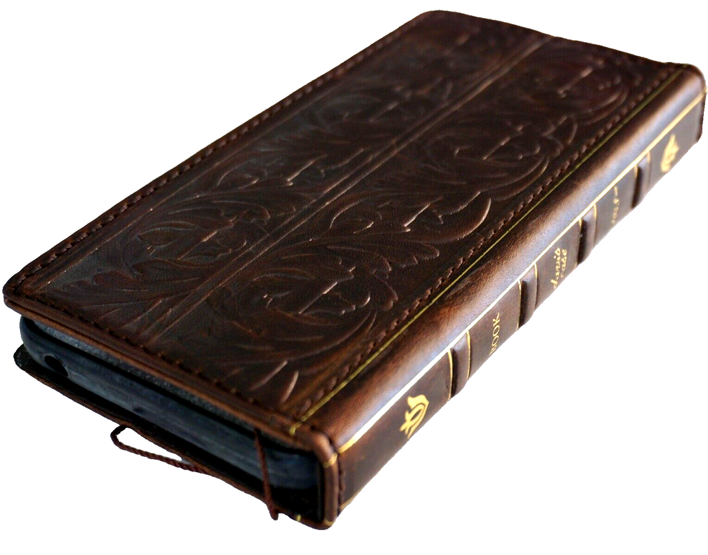 Handmade genuine leather phone case for iPhone models, featuring a wallet-style design with craft details by DAVISCASE.