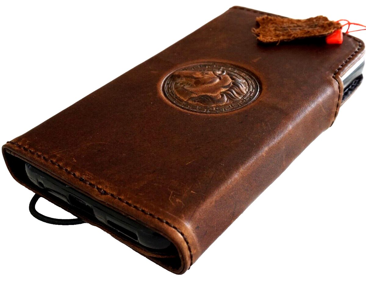 Handmade genuine leather phone case for iPhone 12-16 Pro Max, wallet style with horse design, by DAVISCASE.
