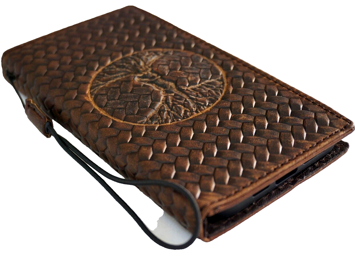 Handcrafted genuine leather phone case for iPhone 12-16 Pro Max, SE, featuring embossed Tree of Life design by DAVISCASE.