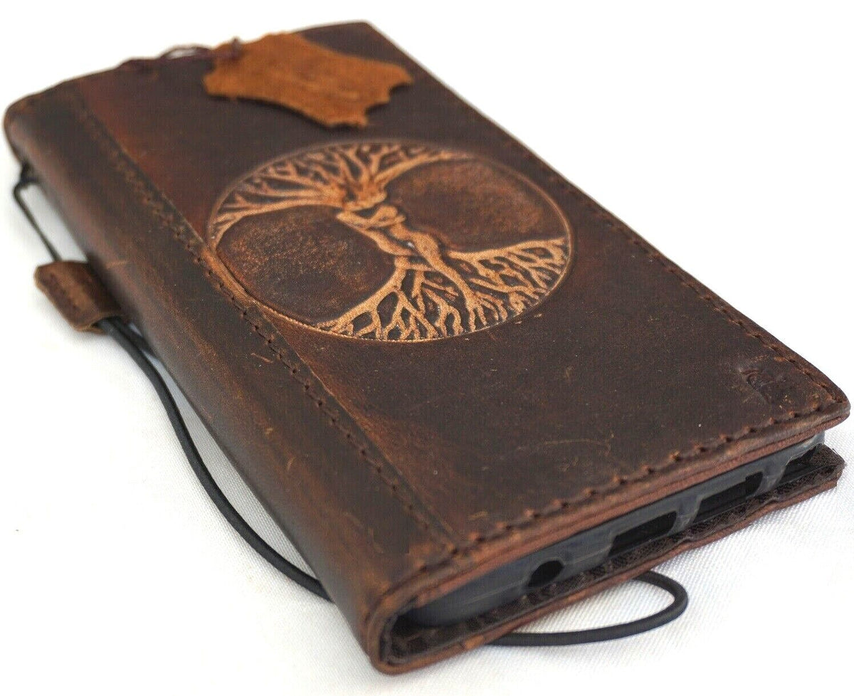 Handmade leather phone case by DAVISCASE with Tree of Life design for iPhone 12-16 Pro Max, 8 Plus, SE, featuring wallet and book style.