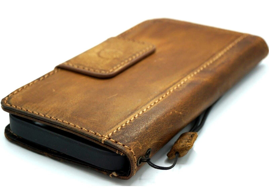 DavisCase genuine leather phone case for iPhone models with vintage book style, credit card slots, and magnetic closure.