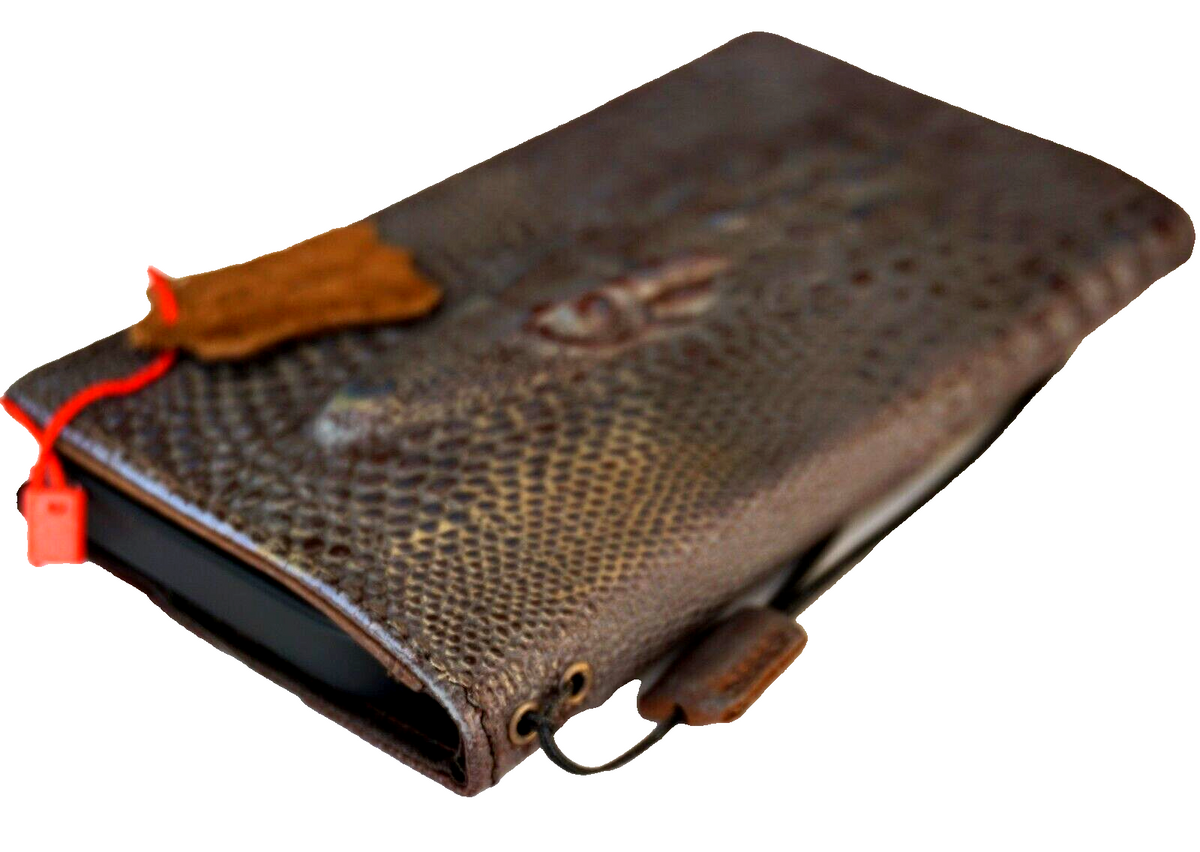 Handmade DAVISCASE genuine leather phone case with crocodile style design for iPhone 11-15 Pro Max, featuring credit card slots and vintage look.