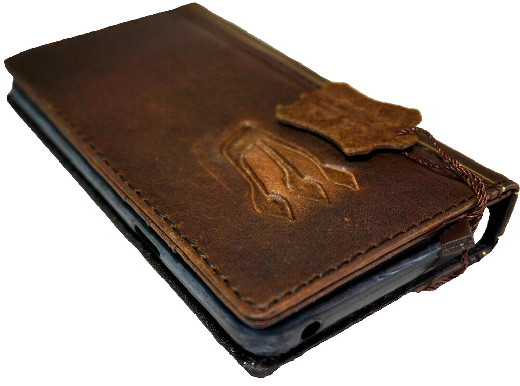 Handmade genuine leather phone case for iPhone 11-15 Pro Max, vintage style with card slots, Jewish Mezuzah cover by DAVISCASE.