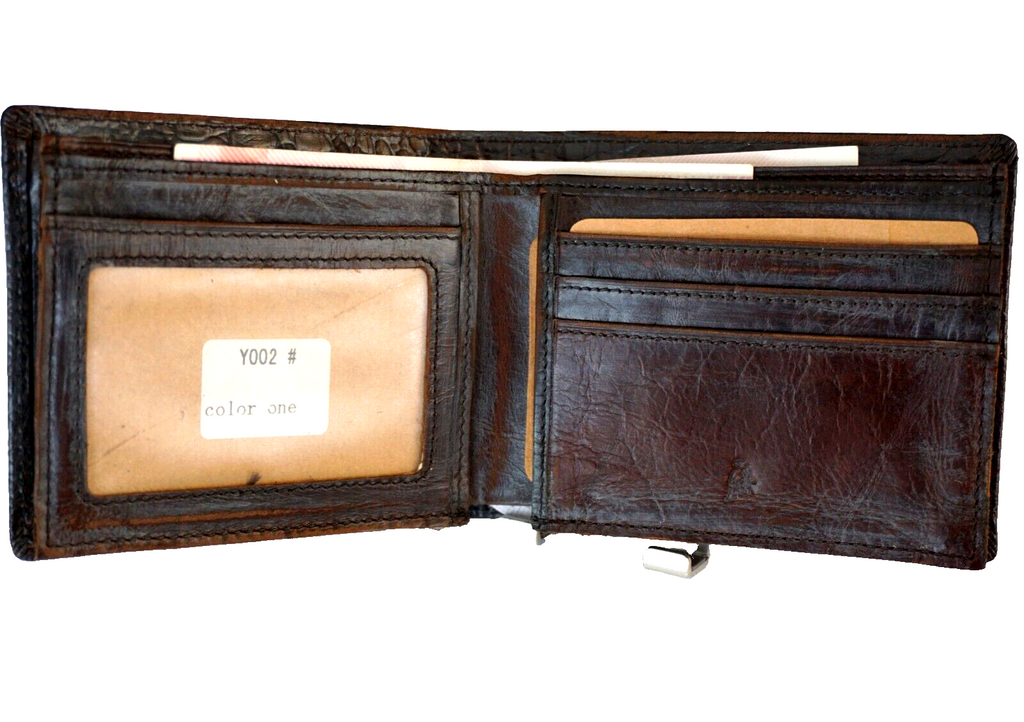 Men's genuine leather money clip wallet with crocodile embossing, coin pocket, and vintage corroded finish.